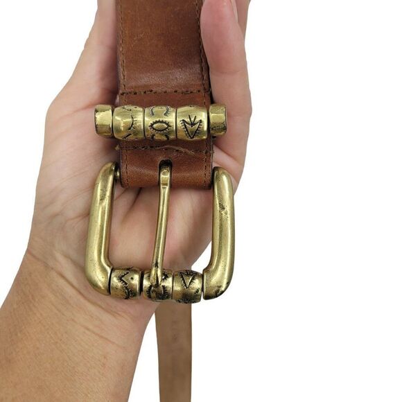 Vintage 80's Ritz Leather Belt S Brown Hieroglyphic Symbol Beads Brass Buckle - Picture 2 of 13